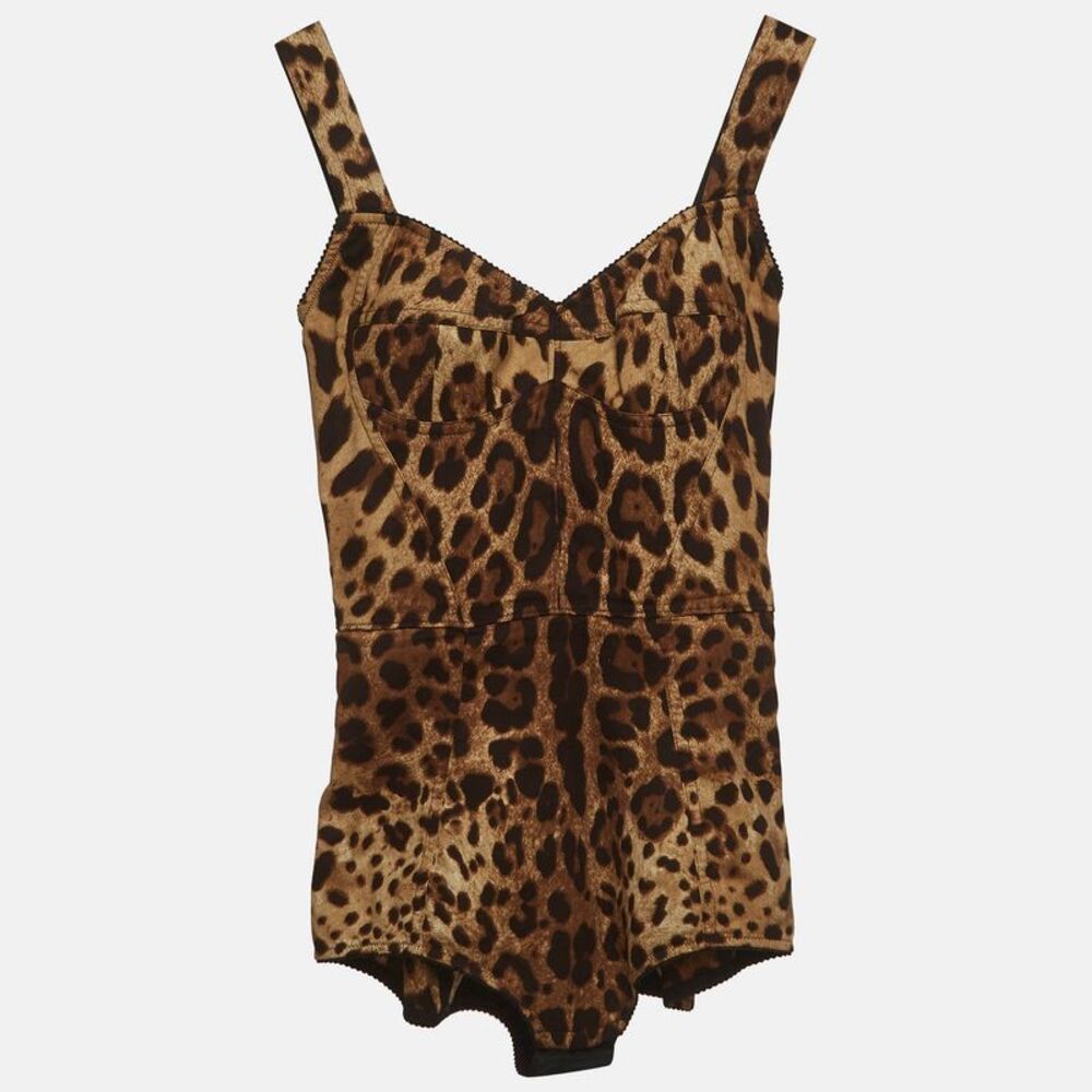 Dolce & Gabbana Brown Leopard Print Silk Blend Bodysuit Top Xs